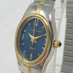 Waltham Watch Women 17mm Silver Gold Two Tone Blue Dial Stretch Band New Battery